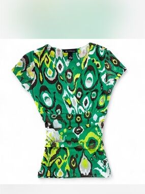 Y2K 2000s INC Office Siren Green Abstract Print Ruched V Neck Top